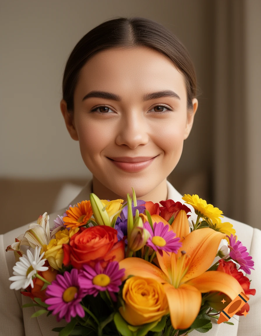 A smiling woman in a light jacket holds a vibrant bouquet of colorful flowers.