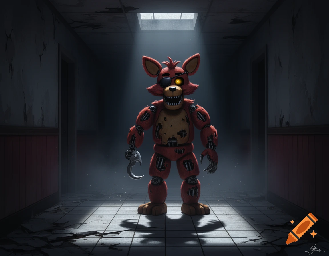 A menacing red animatronic fox with an eyepatch and hook stands in a dark, dilapidated hallway, illuminated by a spotlight.