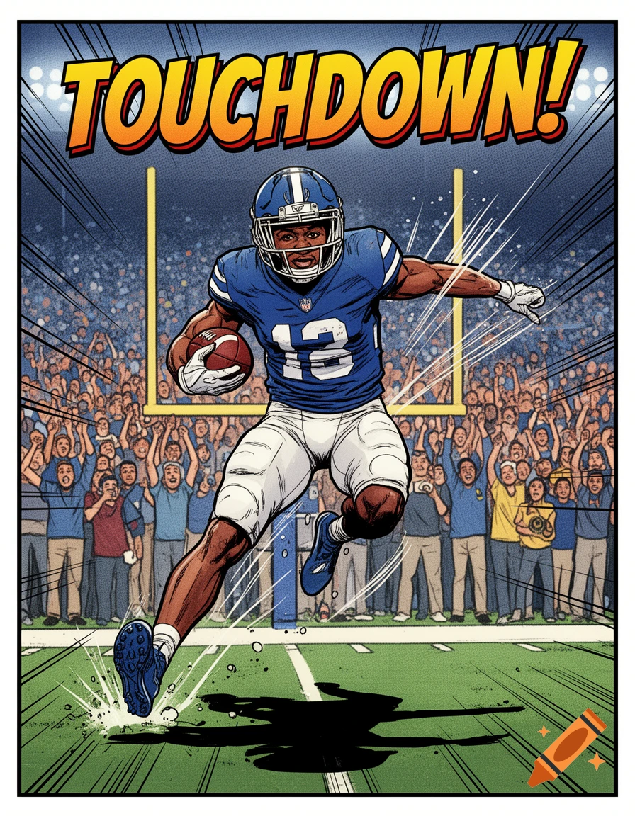 A comic book style illustration of a football player in a blue uniform, holding a ball and running with a cheering crowd under the word 'TOUCHDOWN!'