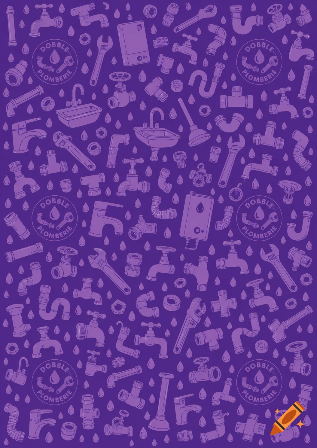 A seamless vector pattern of various plumbing tools and fixtures, including wrenches, faucets, and pipes, on a purple background with "Dobble Plomberie" logos.