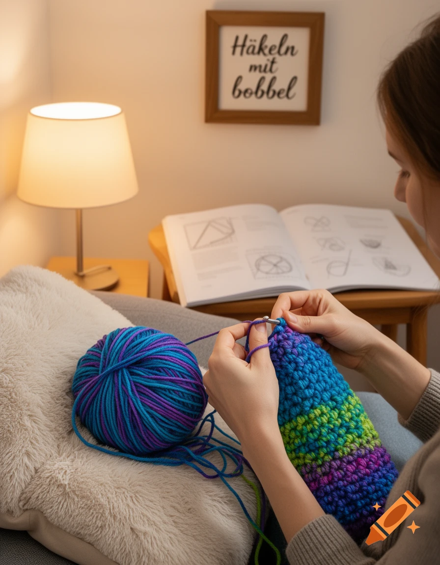 A person from over their shoulder crocheting a colorful item with blue and purple yarn on a pillow, under a lamp, with a framed sign saying "Häkeln mit bobbel" on the wall.