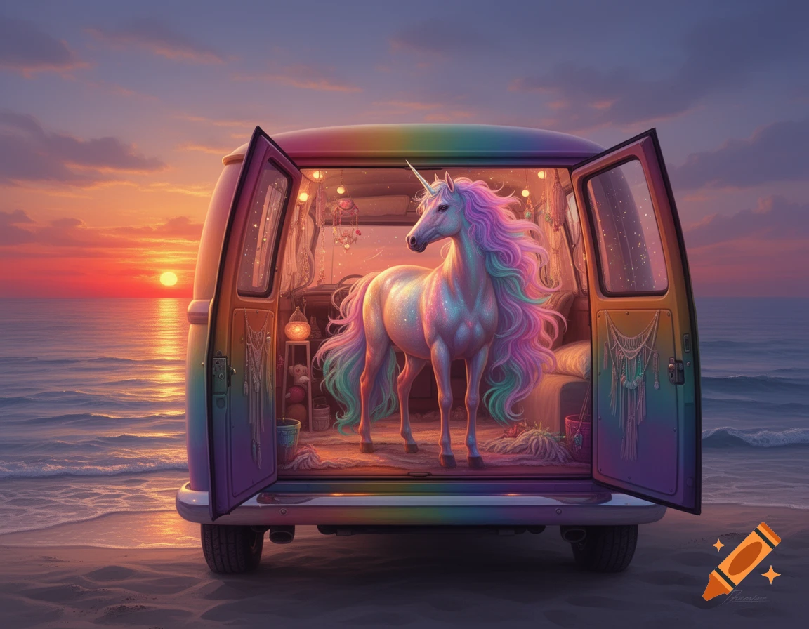 A glittery unicorn with a rainbow mane and tail stands in the open back of a rainbow-colored van on a beach at sunset, with the ocean in the background.