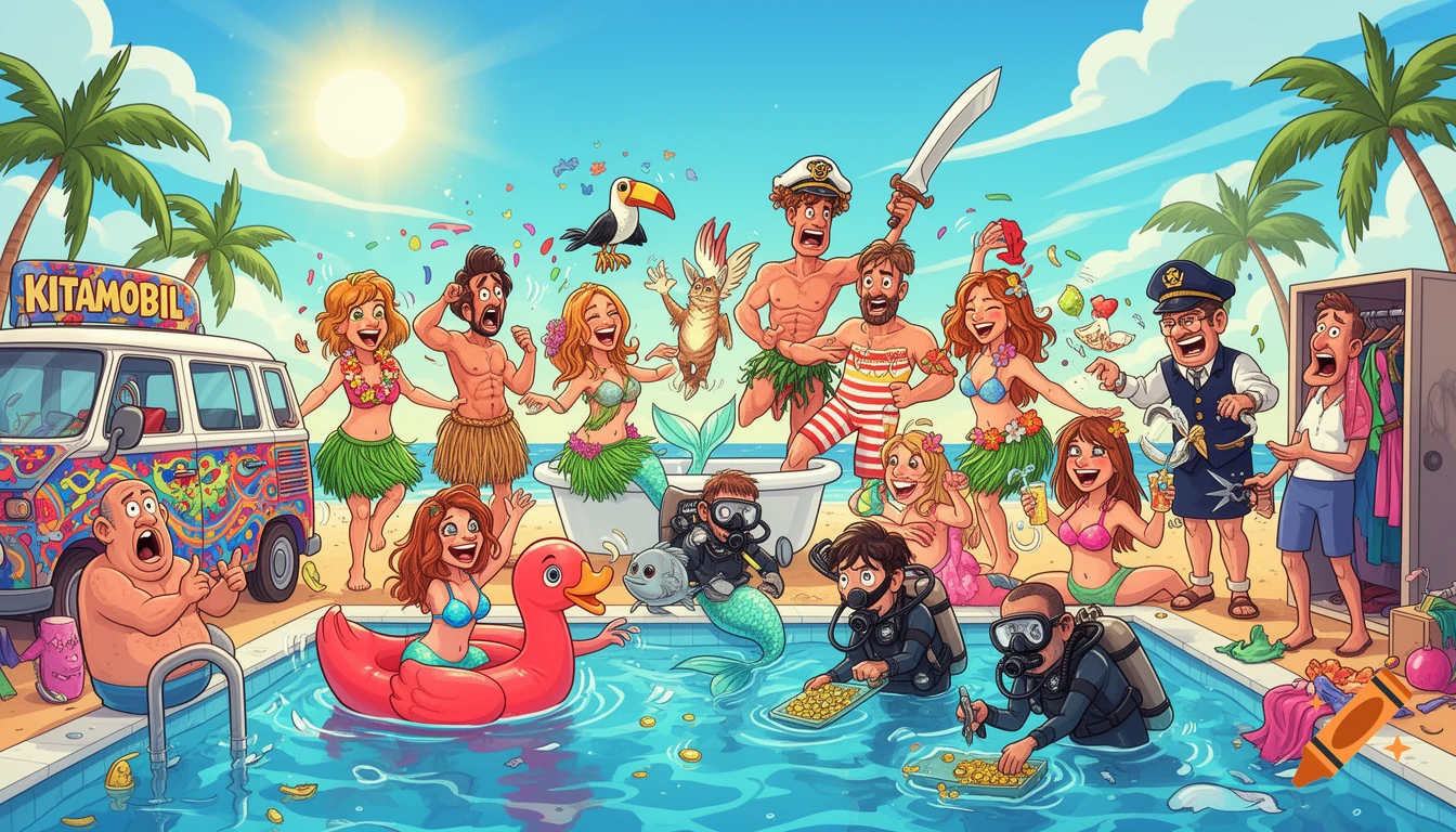 A vibrant cartoon illustration of a chaotic summer pool party on a beach with costumed characters, a van, and scuba divers.