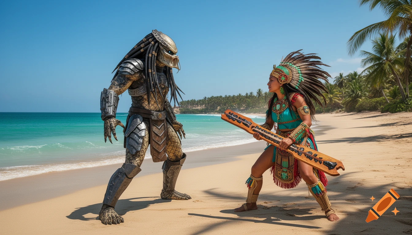 A Predator alien confronts a Mexica warrior woman on a sunny tropical beach.