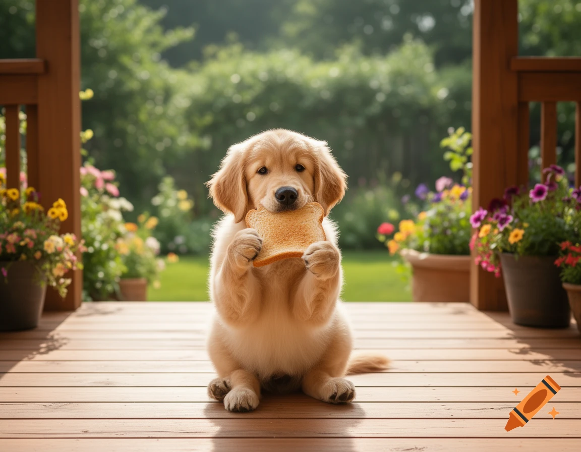 A cute golden retriever puppy sits on a wooden porch, holding a slice of toast, with a blooming garden in the background.