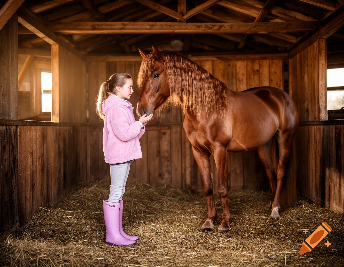 A young girl in a pink jacket and purple boots gently touches the nose of a brown horse in a sunlit wooden stable filled with hay.