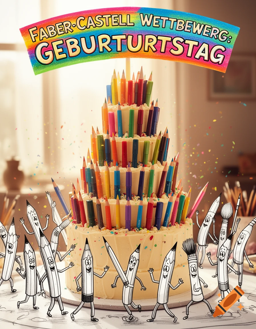 Birthday cake with colorful pencils, confetti, and a 'Faber-Castell Wettbewerb: Geburtstag' banner. Cartoon pencils dance around it.