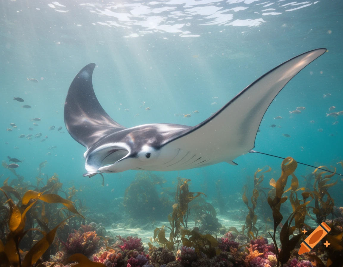 Photorealistic manta ray swimming over a colorful coral reef with seaweed and small fish, sun rays penetrate the clear blue water.