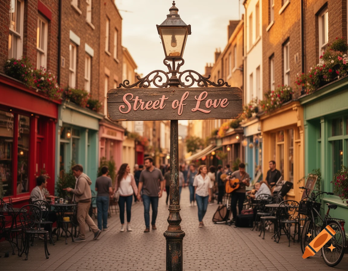 A bustling street scene at dusk, with colorful shop fronts and a central lamppost holding a wooden sign that reads "Street of Love".
