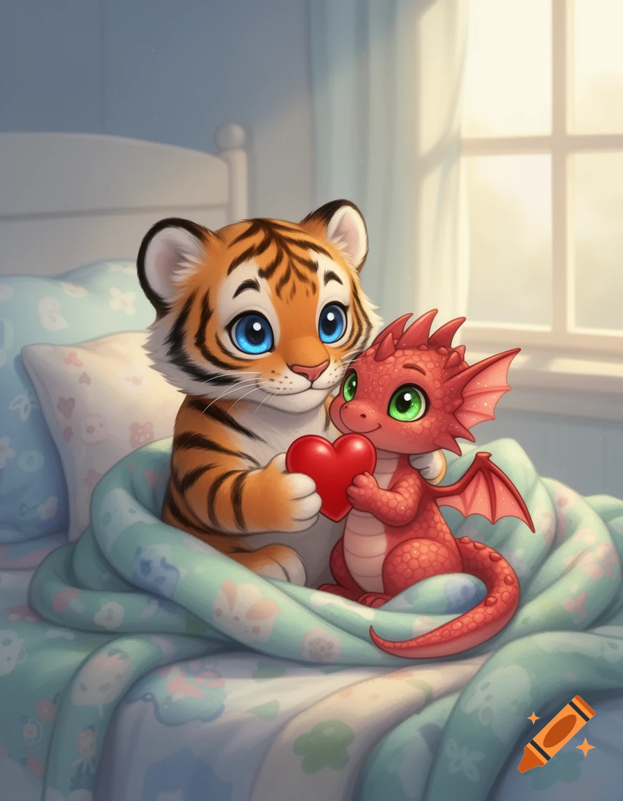 A cute cartoon tiger with blue eyes and a small red dragon with green eyes lie in bed; the tiger gives the dragon a red heart.
