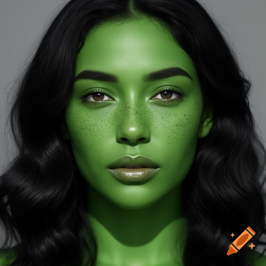 Photorealistic close-up portrait of a woman with vibrant green skin, freckles, brown eyes, and dark wavy hair.
