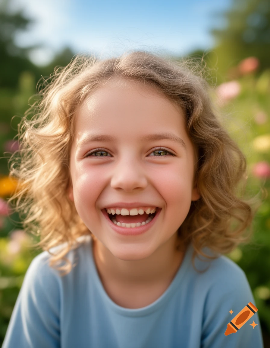 A photorealistic close-up of a young girl with curly blonde hair smiling broadly, outdoors in a sunny field with blurred flowers.