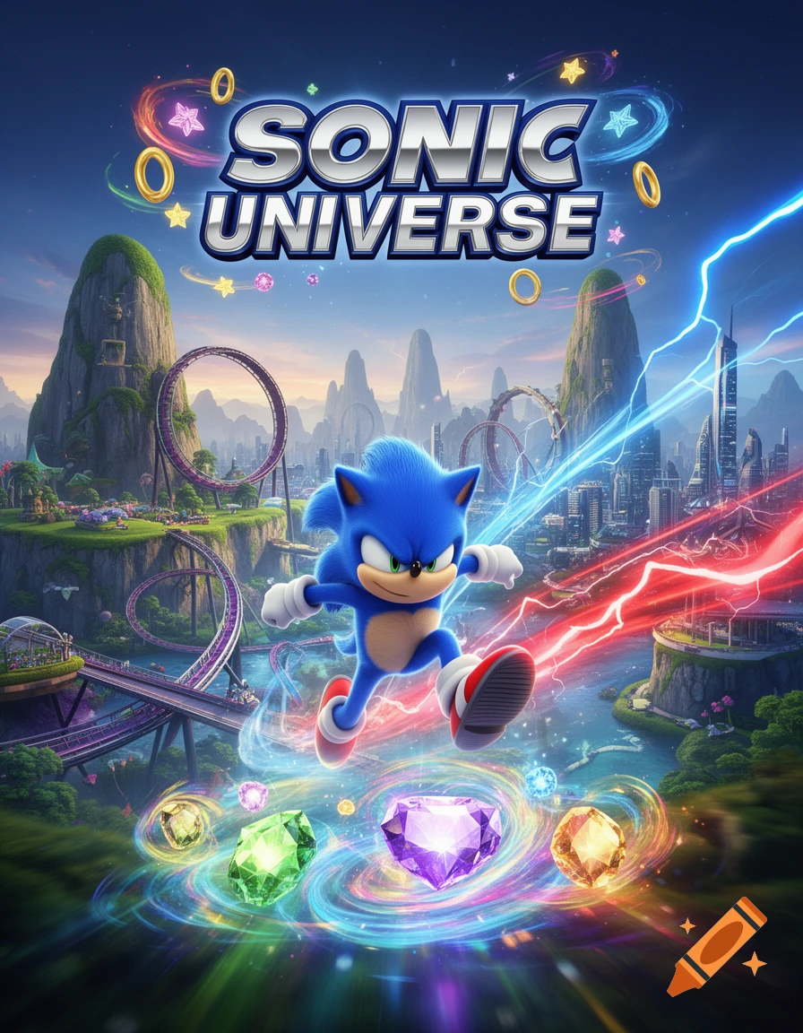Sonic the Hedgehog leaps over glowing gems in a vibrant, fantastical theme park with roller coasters and a futuristic city under the title 'SONIC UNIVERSE'.