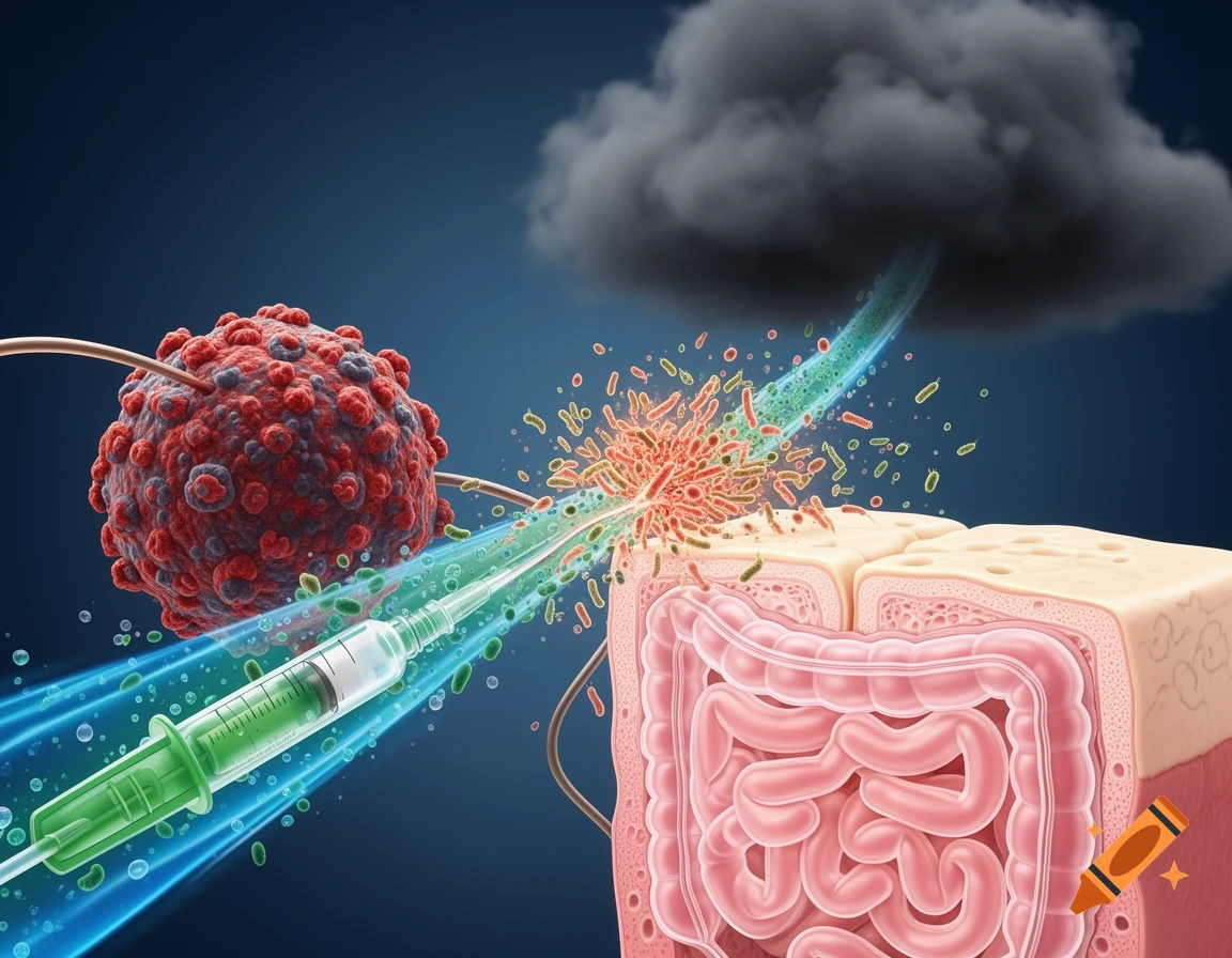 Medical illustration showing a syringe targeting a cancer cell, gut barrier, and bacteria under a storm cloud.