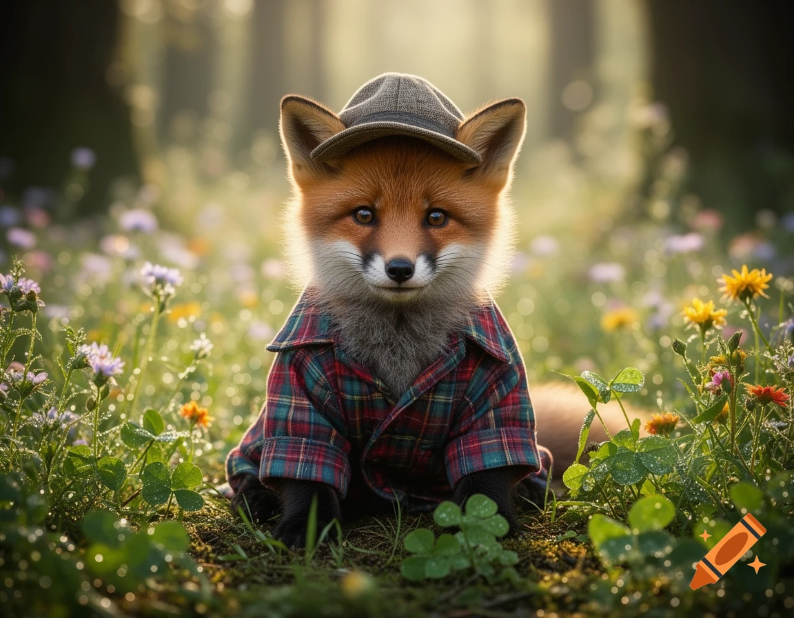 A photorealistic baby fox wearing an oversized plaid shirt and a cap, sitting in a sunny grassy field among wildflowers.