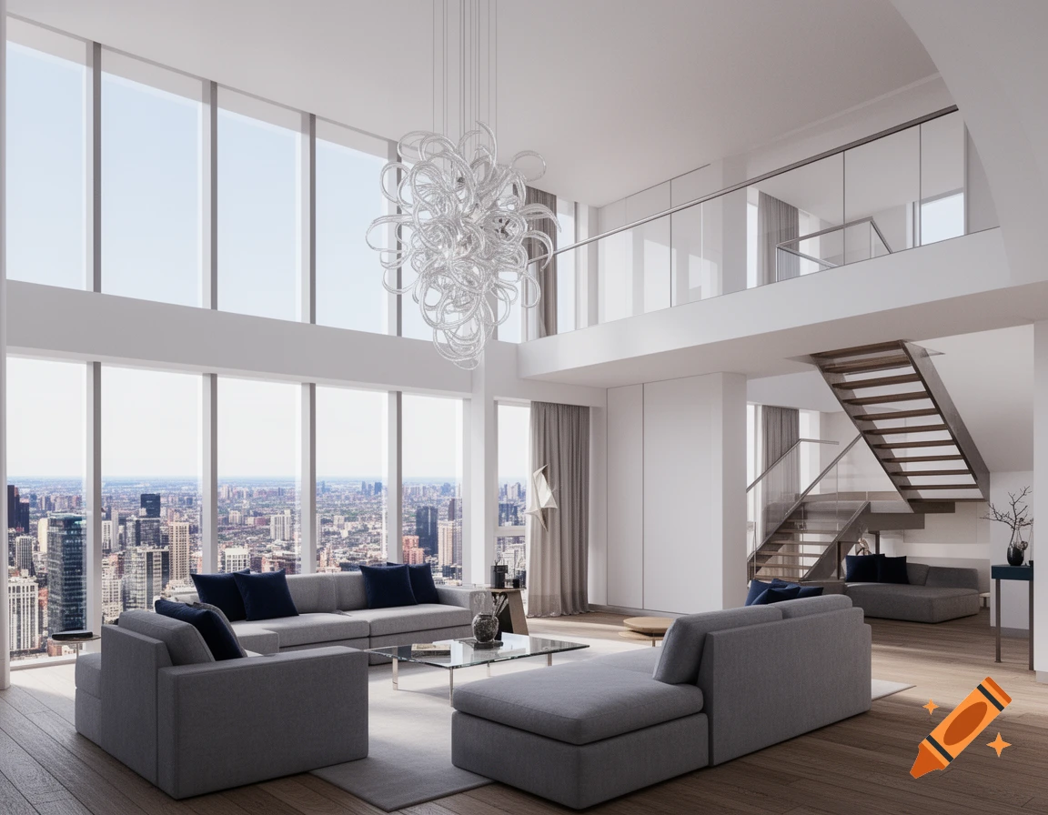 Spacious modern duplex apartment with floor-to-ceiling windows offering a panoramic city view, featuring minimalist grey sofas and a large chandelier.