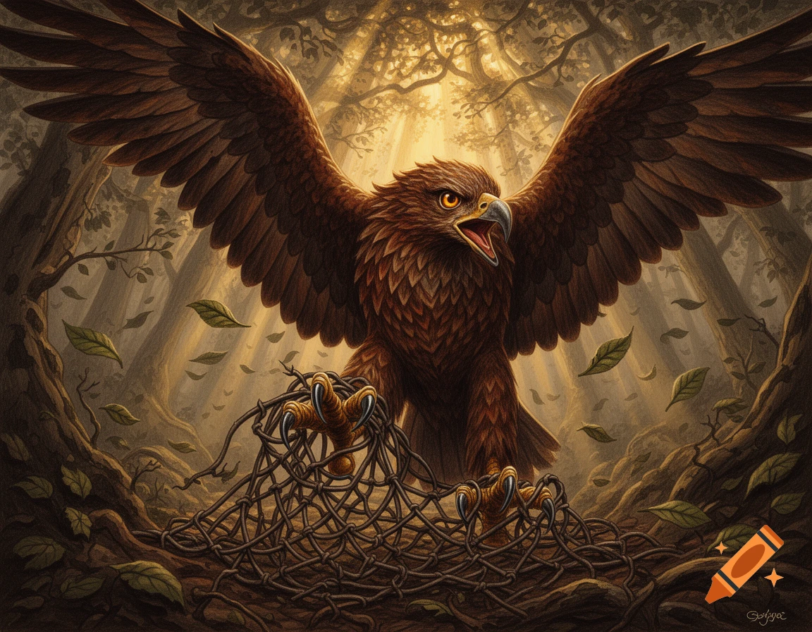 A majestic brown eagle with outstretched wings, its left leg caught in a net on the forest floor, bathed in sunbeams. Digital painting.
