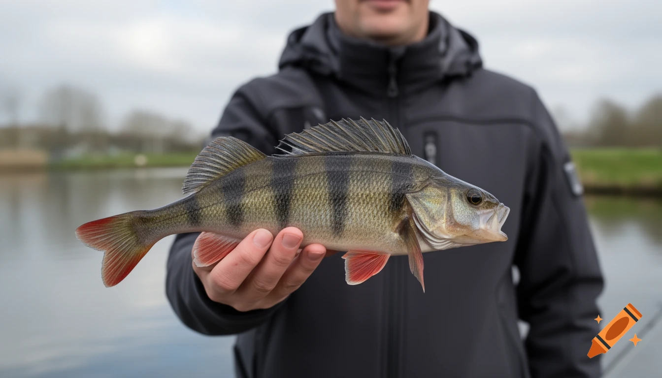 A person in a dark jacket holds a large striped perch fish with reddish fins, standing by a lake under a cloudy sky.