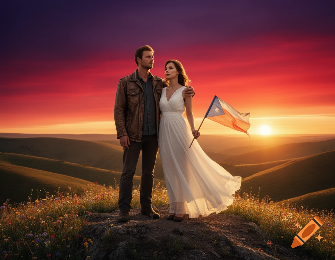 A couple embraces on a wildflower-covered hill, holding a flag, against a vibrant sunset sky.