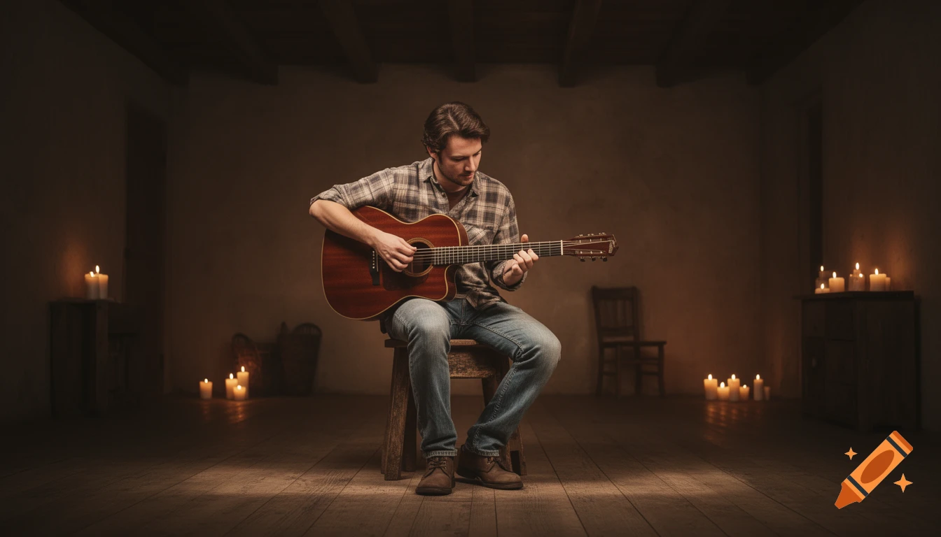 A man in a plaid shirt sits on a stool, playing an acoustic guitar in a dimly lit rustic room with warm candlelight. Photorealistic.