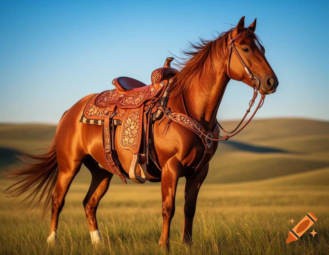 A brown horse with a Western saddle and bridle stands in a golden grassy field under a clear blue sky.