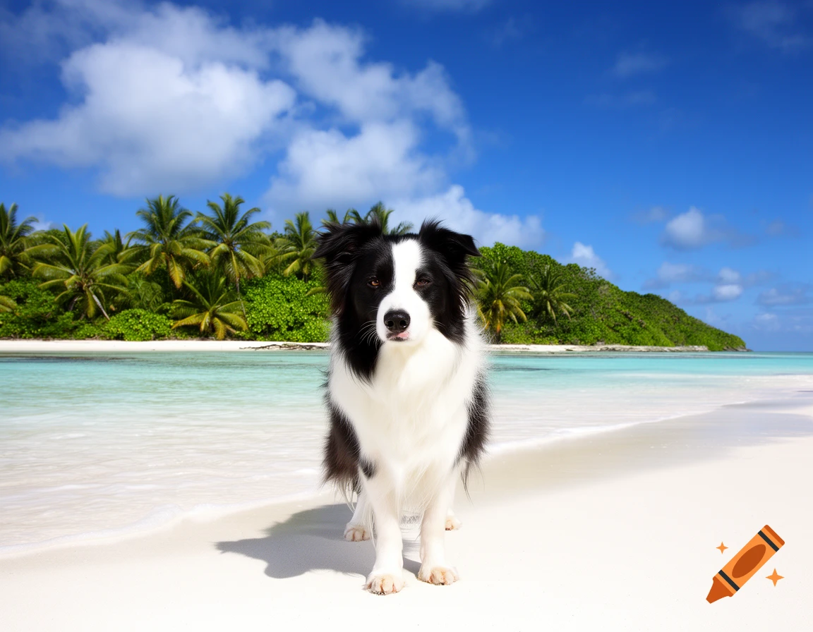 A black and white Border Collie stands on a white sand tropical beach with palm trees and clear blue water under a sunny sky.