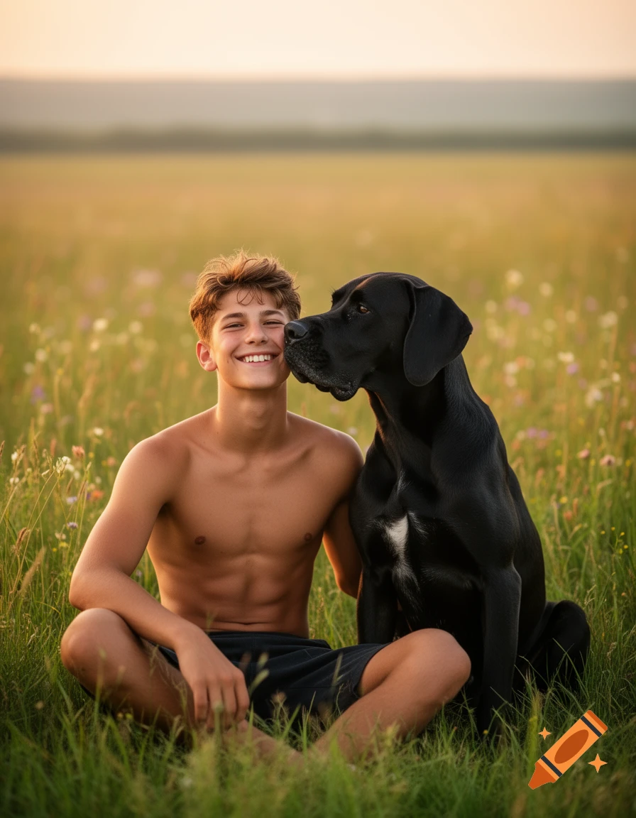 A shirtless male teenager sitting in a grassy field, smiling as a black Great Dane gently licks his cheek at sunset.