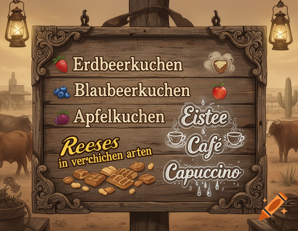 A rustic wooden menu board in a desert Western setting, listing cakes, Reeses, Eistee, Cafe, and Capuccino with illustrations.