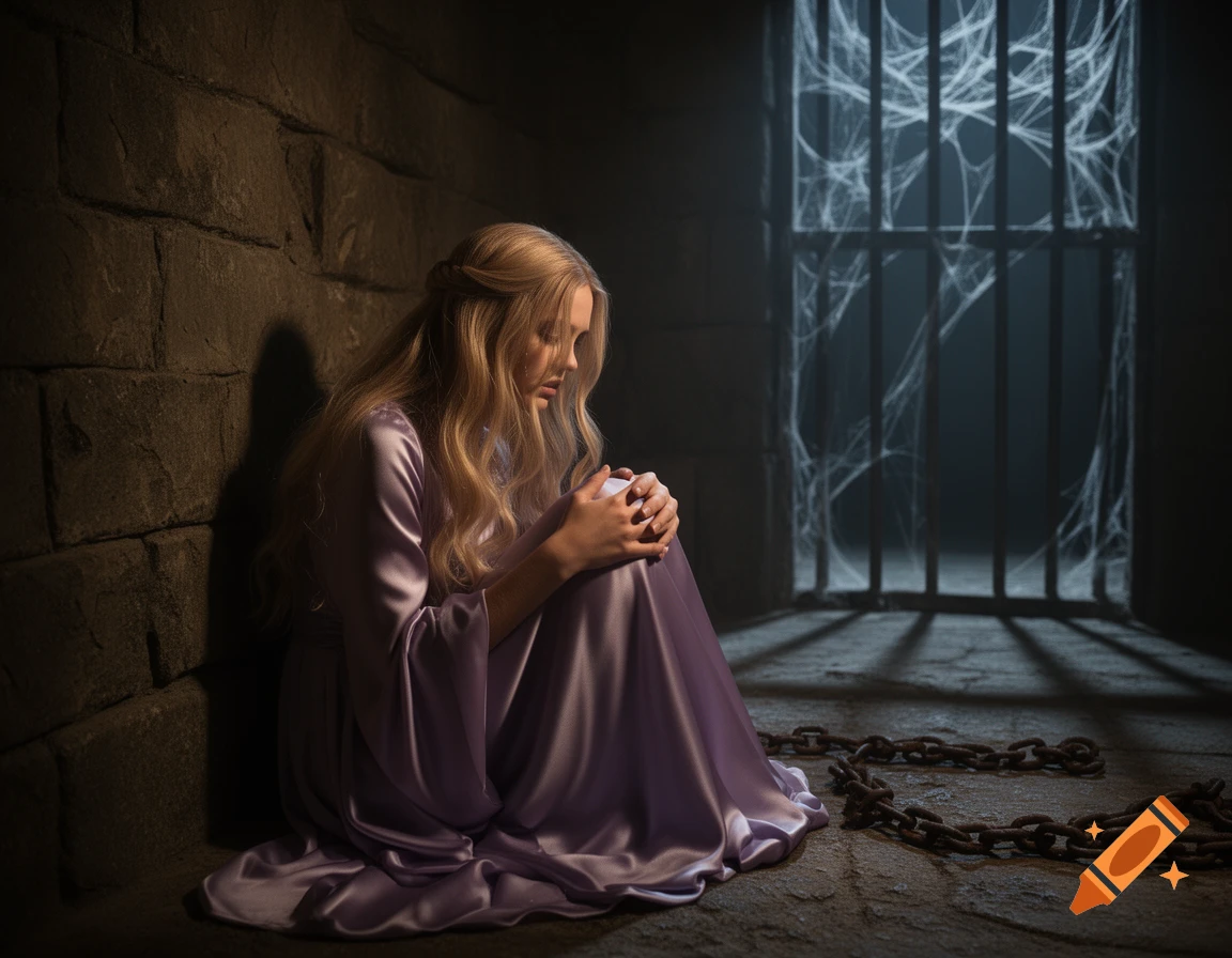 A blonde woman in a lavender gown sits sadly in a dark stone dungeon with barred windows and chains on the floor. Photorealistic.