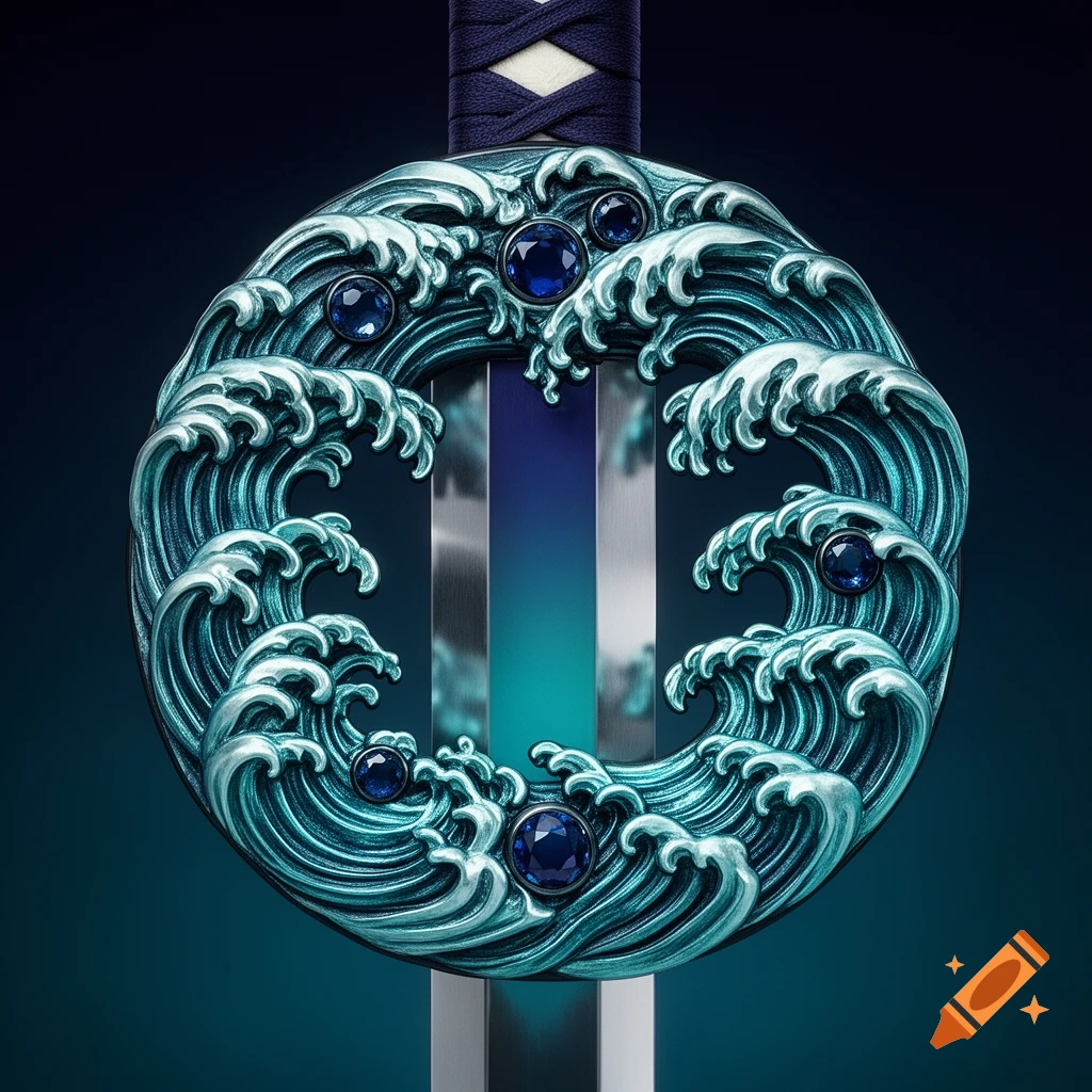 A highly detailed, circular blue-green sword guard adorned with ocean waves and sapphires, with a blue-hued blade behind it.