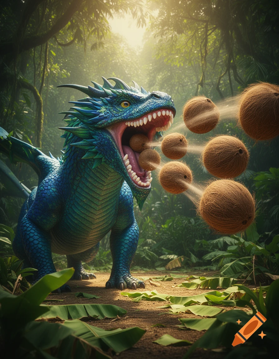 A vibrant blue-green dragon in a lush jungle, mouth wide open, spitting several coconuts with trails behind them.