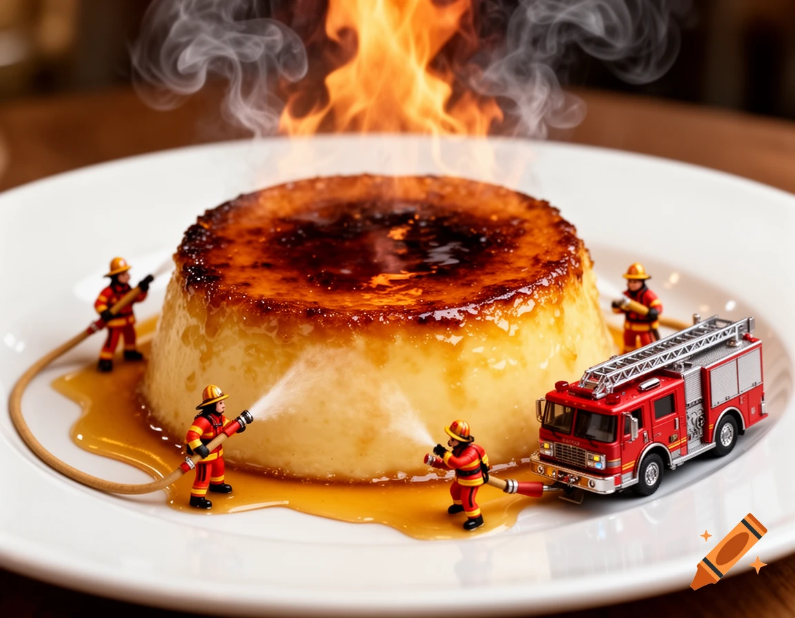Photorealistic image of a creme brulee dessert on a white plate, engulfed in flames, with miniature firefighters and a fire truck trying to extinguish it.