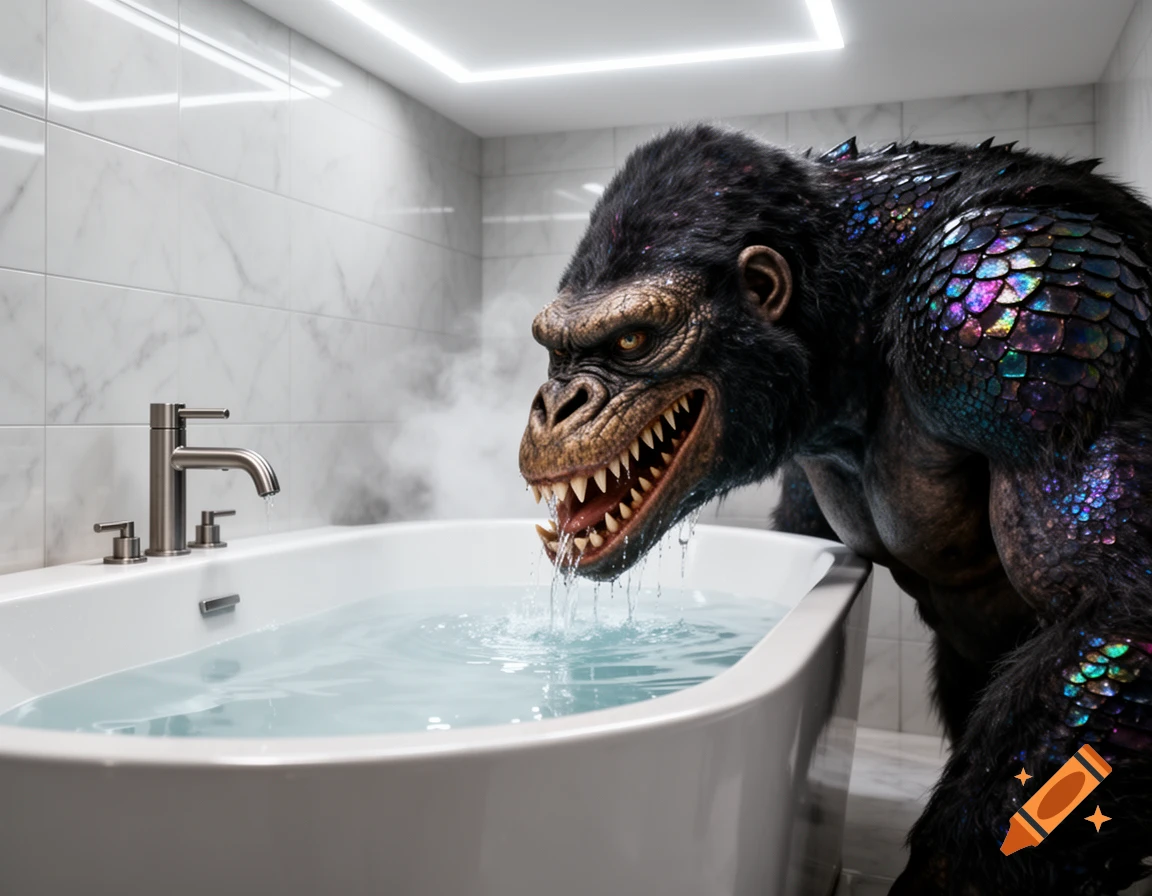 A photorealistic gorilla-like monster with iridescent scales licks water from a modern bathtub in a tiled bathroom.