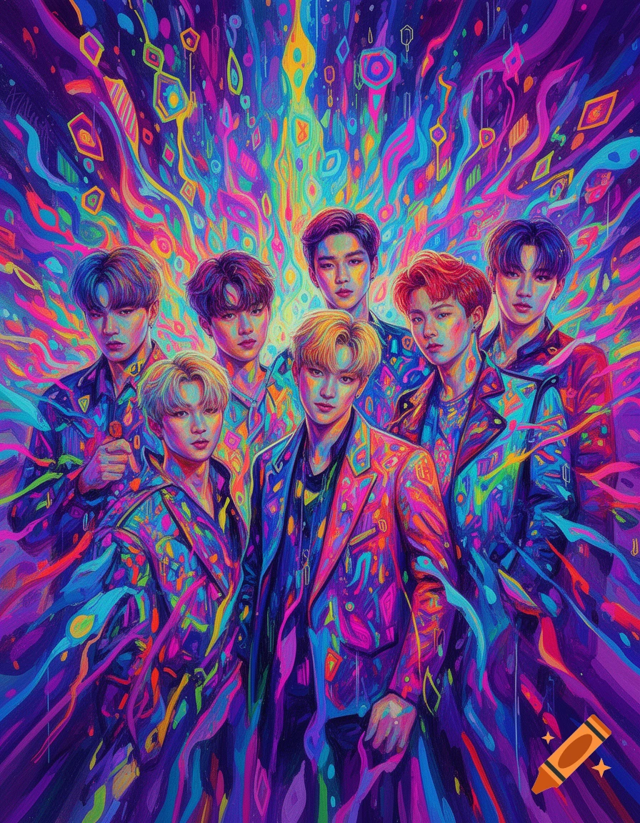 A vibrant, abstract, and colorful portrait of seven men in a K-pop group, rendered with swirling psychedelic patterns and neon hues.