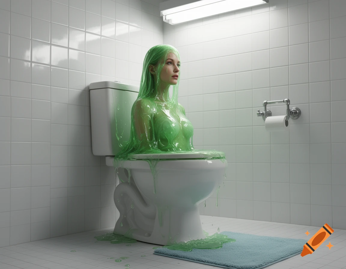 A woman covered in luminous green slime emerges from a toilet in a white-tiled bathroom, with slime dripping onto the floor.