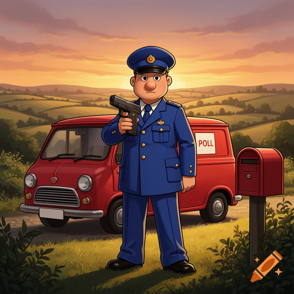 A cartoon Postman Pat in a blue uniform holds a black pistol in front of a red mail van in a rural sunset landscape.