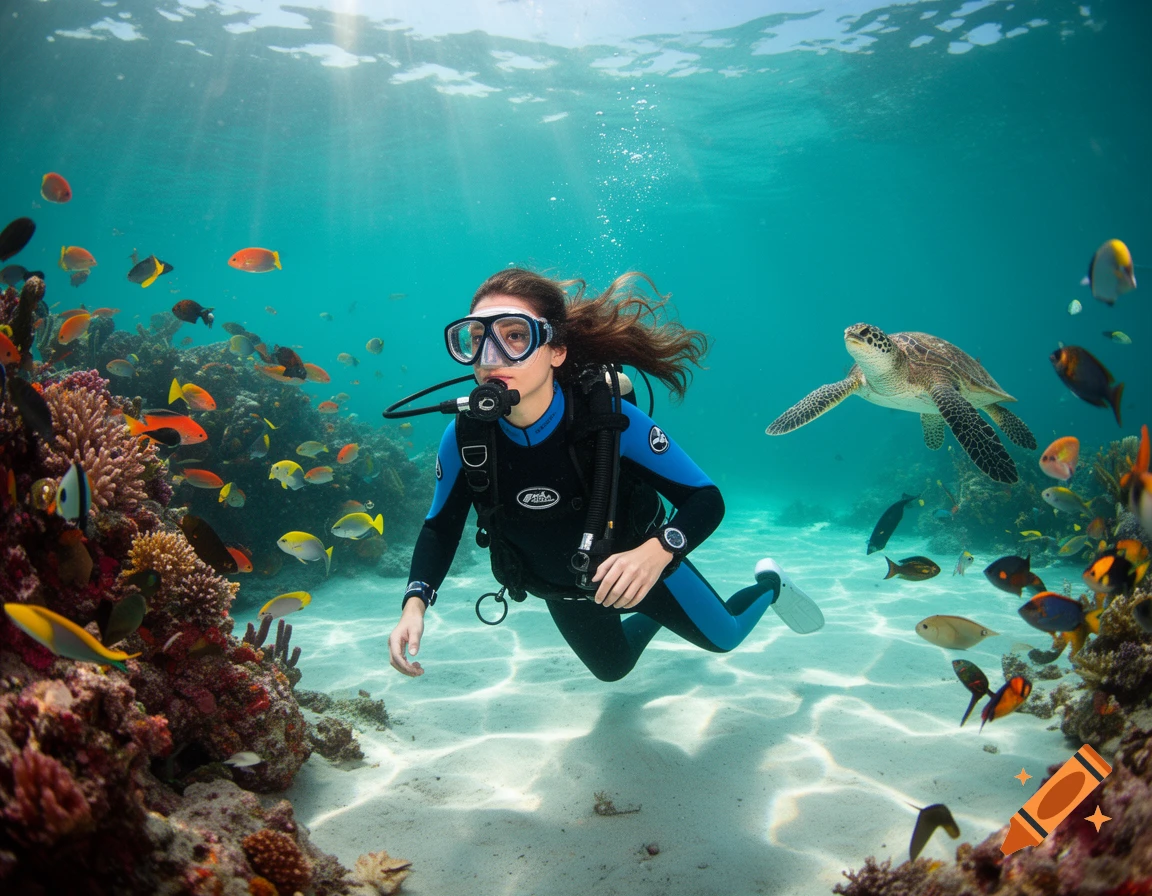 A woman in a blue and black wetsuit scuba dives near a vibrant coral reef with many colorful fish and a sea turtle.