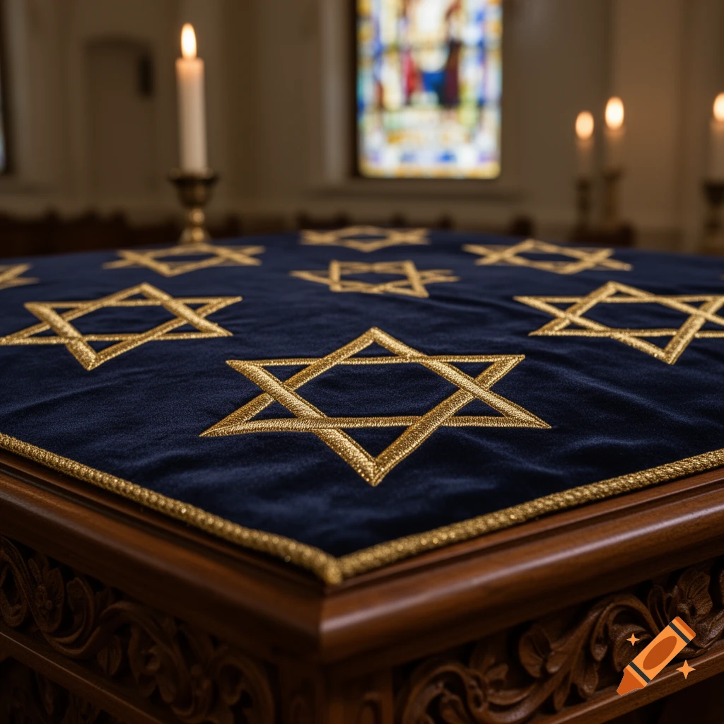 A dark blue velvet cloth embroidered with gold Stars of David on a wooden table, with lit candles and a stained glass window in the background.