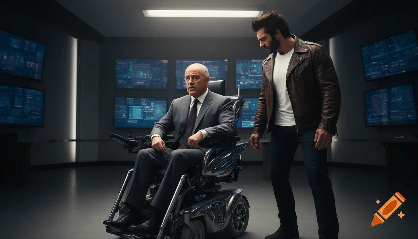Dr. Phil as Professor X in a futuristic wheelchair talks to Wolverine in a high-tech control room.