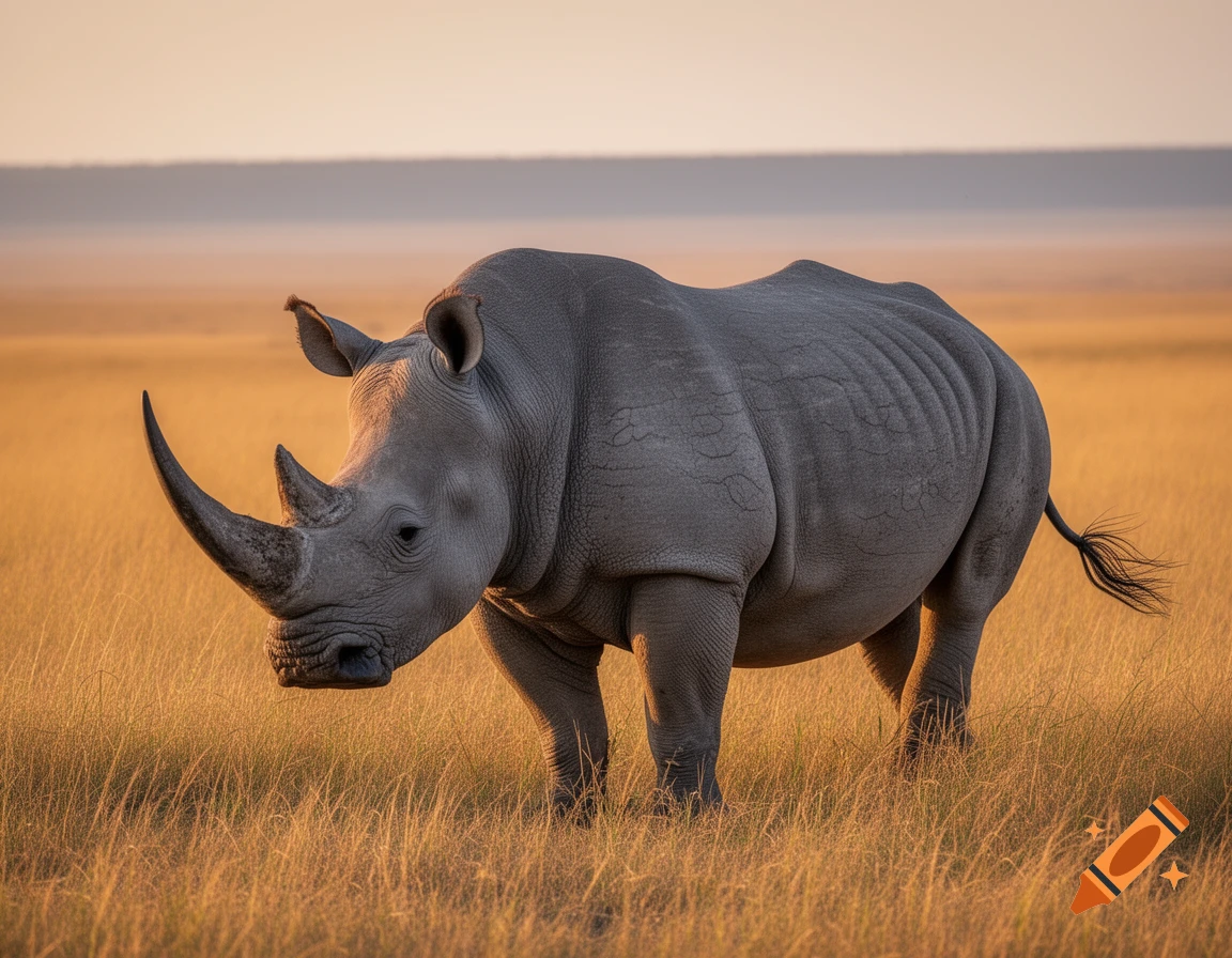 A photorealistic white rhinoceros stands in a sunlit golden grassy savanna at sunrise.