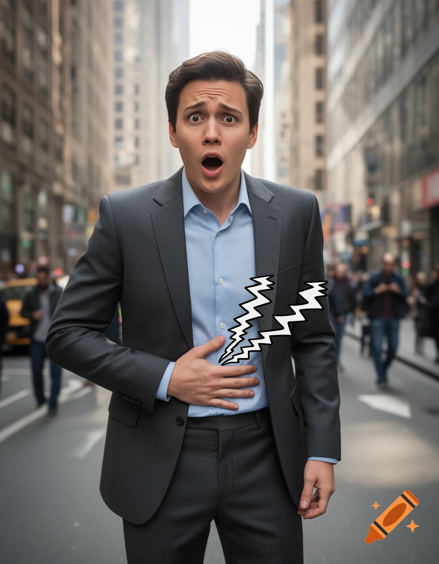 A man in a suit stands on a city street, holding his stomach with a surprised expression and a cartoon lightning bolt indicating pain.