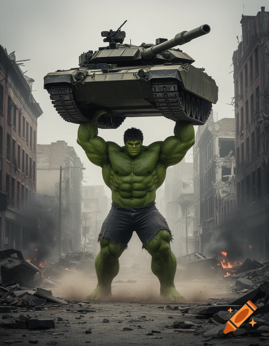 Photorealistic image of the Incredible Hulk in a destroyed city, powerfully lifting a military tank over his head.