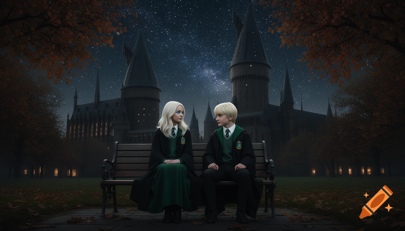 A platinum-blonde girl and a blonde boy in Slytherin robes sit on a bench under a starry night sky with Hogwarts Castle in the background.
