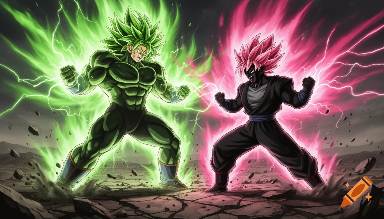 Two muscular anime warriors, one with green hair and aura, the other with pink hair and aura, face off on a cracked battlefield.