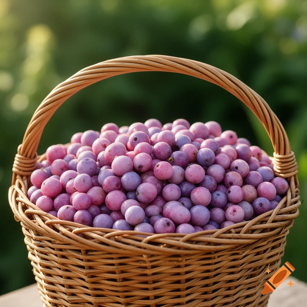 A close-up shot of a wicker basket overflowing with pinkish-purple berries against a blurred green background.