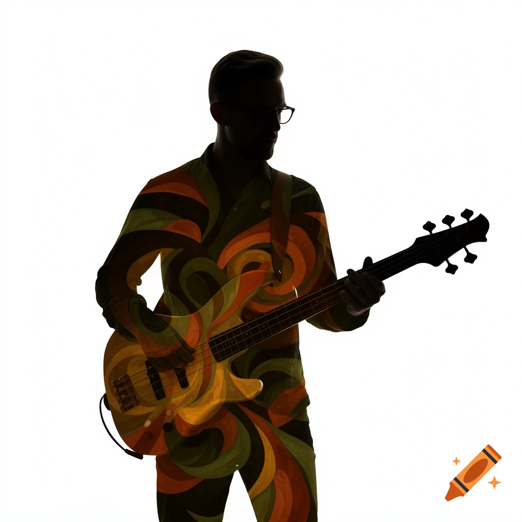 Dark silhouette of a man with glasses playing a bass guitar, filled with swirling earth tone patterns on a white background.