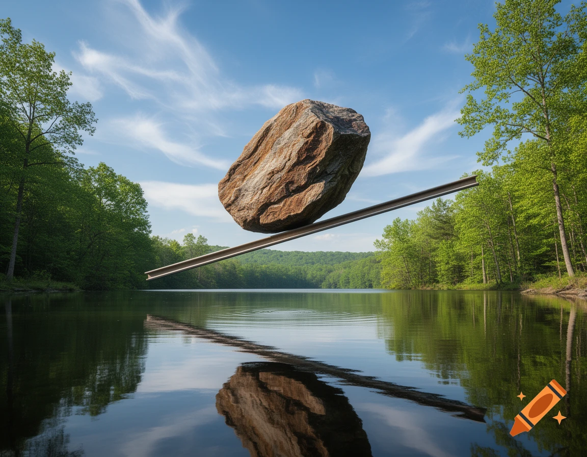A large boulder balances on a thin metal beam stretching over a calm lake, surrounded by vibrant green forest under a blue sky.