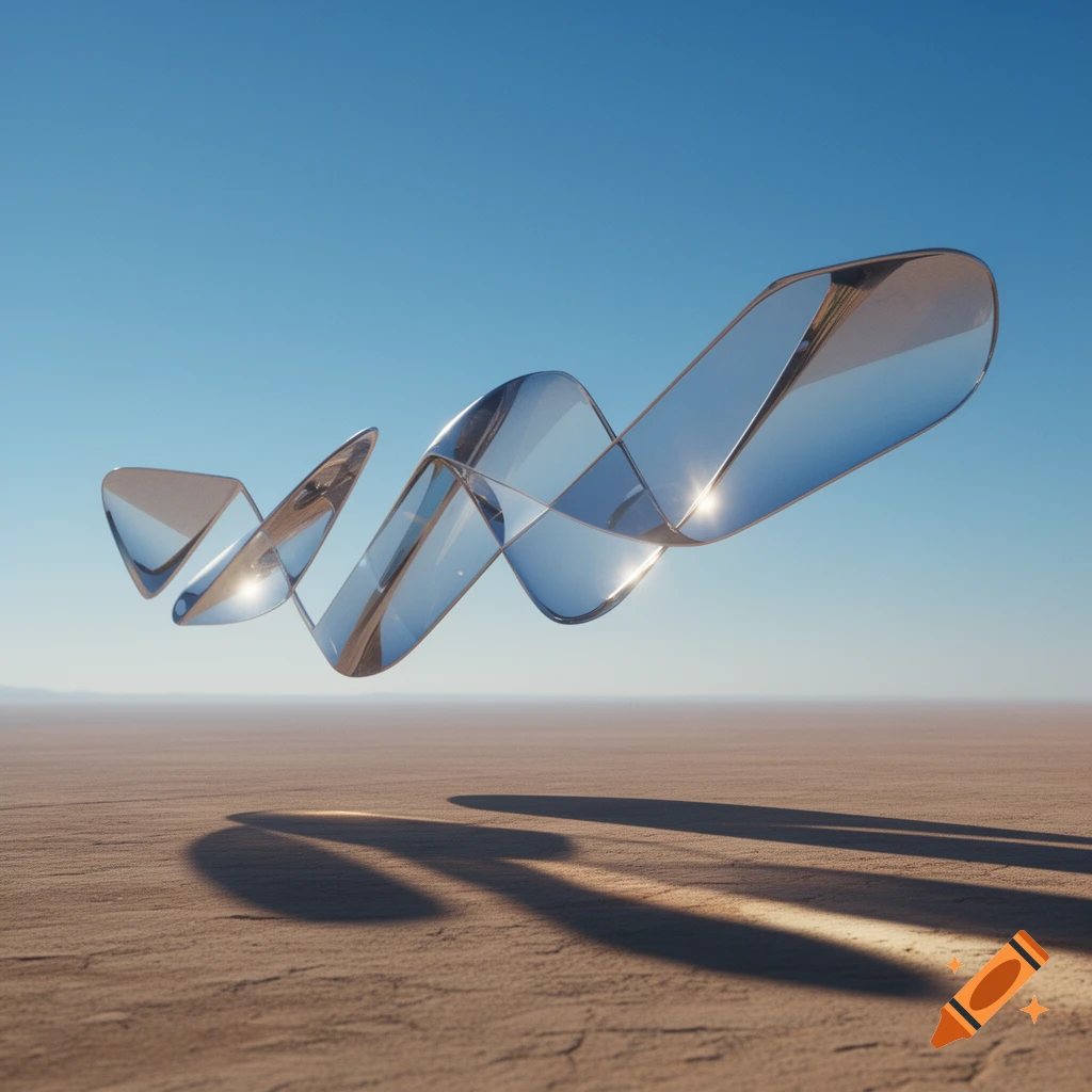A photorealistic render of a wavy, reflective glass ribbon floating above a flat desert landscape under a clear blue sky.