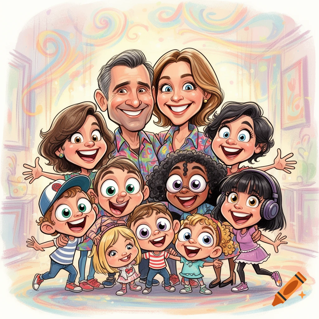 A happy diverse family, two adults and seven children, are caricatured with big smiles and embraces.