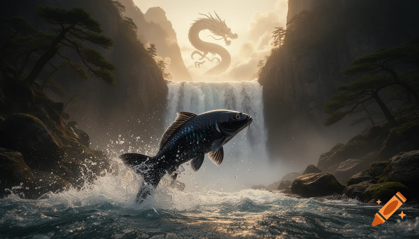 A black koi carp leaps powerfully from a waterfall amidst misty mountains, with a faint dragon silhouette in the sky, in a photorealistic fantasy style.